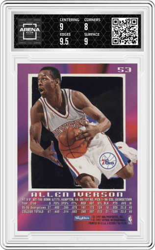 Allen Iverson from the 1996-97 Skybox E-X 2000 set graded by Arena Club and given an overall grade of 8.5.