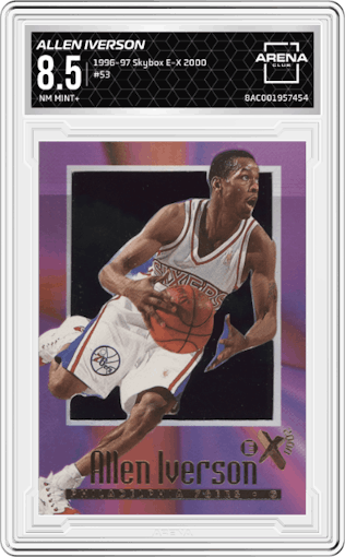 Allen Iverson from the 1996-97 Skybox E-X 2000 set graded by Arena Club and given an overall grade of 8.5.