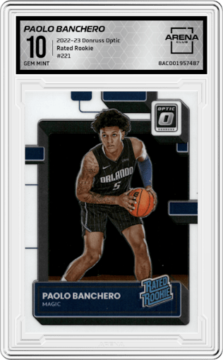 Paolo Banchero from the 2022-23 Panini Donruss Optic  set graded by Arena Club and given an overall grade of 10.