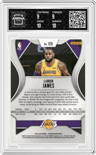 LeBron James from the 2019-20 Panini Prizm set graded by Arena Club and given an overall grade of 9.5.