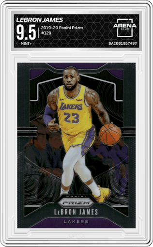 LeBron James from the 2019-20 Panini Prizm set graded by Arena Club and given an overall grade of 9.5.