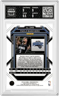 Paolo Banchero from the 2022-23 Panini Prizm  set graded by Arena Club and given an overall grade of 9.