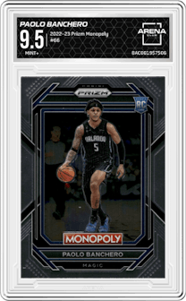 Paolo Banchero from the 2022-23 Panini Prizm Monopoly set graded by Arena Club and given an overall grade of 9.5.