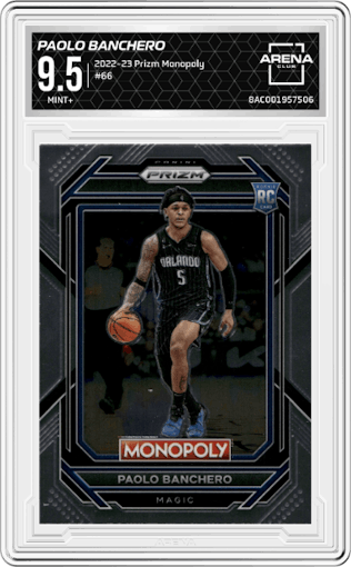 Paolo Banchero from the 2022-23 Panini Prizm Monopoly set graded by Arena Club and given an overall grade of 9.5.