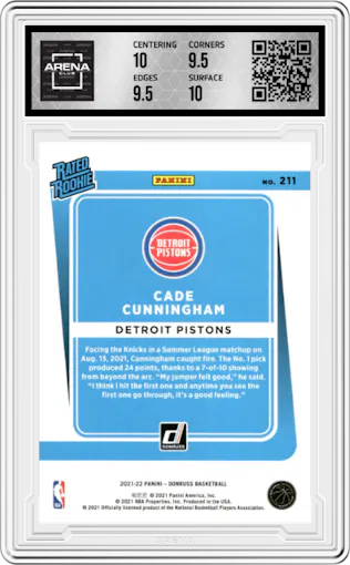 Cade Cunningham from the 2021-22 Panini Donruss set graded by Arena Club and given an overall grade of 10.