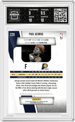 Paul George from the 2010-11 Panini Prestige set graded by Arena Club and given an overall grade of 9.5.