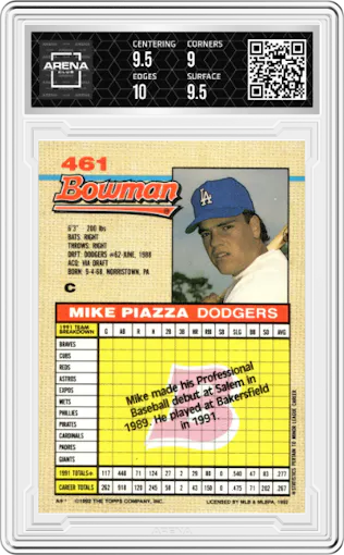 Mike Piazza from the 1992 Bowman set graded by Arena Club and given an overall grade of 9.5.