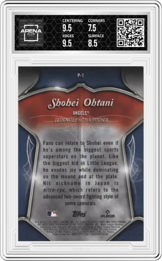 Shohei Ohtani from the 2022 Topps Chrome set graded by Arena Club and given an overall grade of 8.
