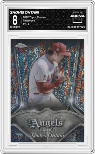 Shohei Ohtani from the 2022 Topps Chrome set graded by Arena Club and given an overall grade of 8.