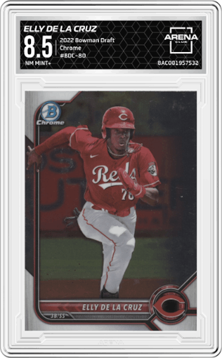 Elly De LA Cruz from the 2022 Bowman Draft set graded by Arena Club and given an overall grade of 8.5.