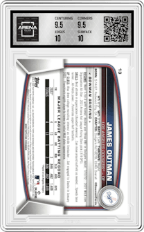 James Outman from the 2023 Bowman  set graded by Arena Club and given an overall grade of 10.