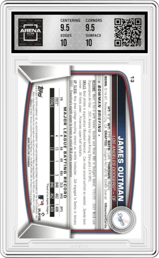 James Outman from the 2023 Bowman  set graded by Arena Club and given an overall grade of 10.