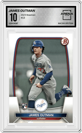 James Outman from the 2023 Bowman  set graded by Arena Club and given an overall grade of 10.