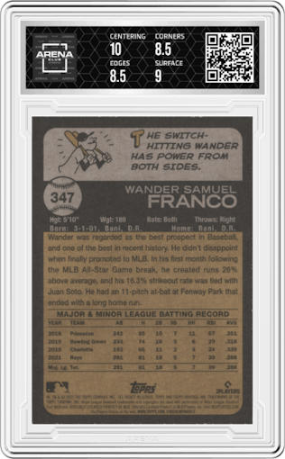 Wander Franco from the 2022 Topps Heritage set graded by Arena Club and given an overall grade of 9.