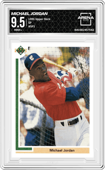 Michael Jordan from the 1991 Upper Deck set graded by Arena Club and given an overall grade of 9.5.