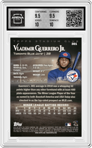 Vladimir Guerrero Jr. from the 2019 Topps Stadium Club set graded by Arena Club and given an overall grade of 10.
