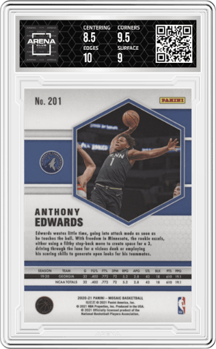 Anthony Edwards from the 2020-21 Panini Mosaic set graded by Arena Club and given an overall grade of 9.
