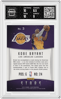  Kobe Bryant from the 2013-14 Panini Select set graded by Arena Club and given an overall grade of 9.