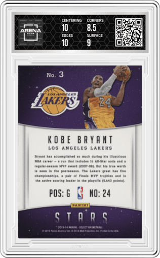  Kobe Bryant from the 2013-14 Panini Select set graded by Arena Club and given an overall grade of 9.