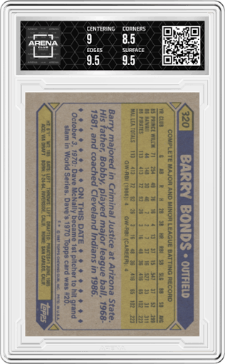 Barry Bonds from the 1987 Topps set graded by Arena Club and given an overall grade of 9.