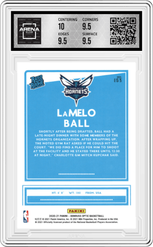 LaMelo Ball from the 2020-21 Panini Donruss Optic set graded by Arena Club and given an overall grade of 10.