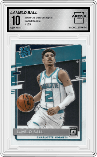 LaMelo Ball from the 2020-21 Panini Donruss Optic set graded by Arena Club and given an overall grade of 10.