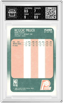 Reggie Miller from the 1988-89 Fleer set graded by Arena Club and given an overall grade of 7.5.