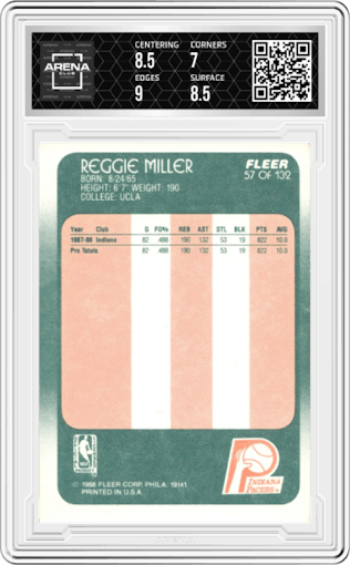 Reggie Miller from the 1988-89 Fleer set graded by Arena Club and given an overall grade of 7.5.