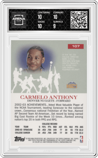 Carmelo Anthony from the 2003-04 Topps Pristine  set graded by Arena Club and given an overall grade of 9.5.