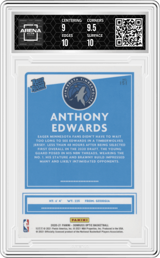 Anthony Edwards from the 2020-21 Panini Donruss Optic set graded by Arena Club and given an overall grade of 9.5.
