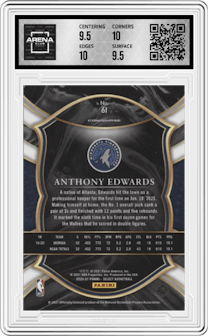 Anthony Edwards from the 2020-21 Panini Select  set featuring a Blue Retail parallel graded by Arena Club and given an overall grade of 10.