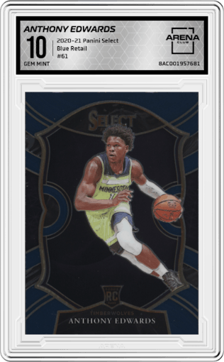 Anthony Edwards from the 2020-21 Panini Select  set featuring a Blue Retail parallel graded by Arena Club and given an overall grade of 10.