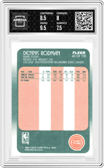 Dennis Rodman from the 1988-89 Fleer set graded by Arena Club and given an overall grade of 8.