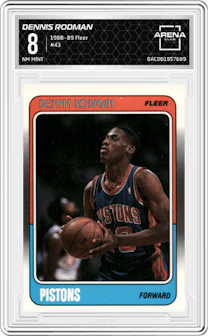 Dennis Rodman from the 1988-89 Fleer set graded by Arena Club and given an overall grade of 8.