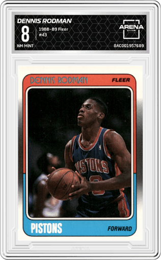 Dennis Rodman from the 1988-89 Fleer set graded by Arena Club and given an overall grade of 8.