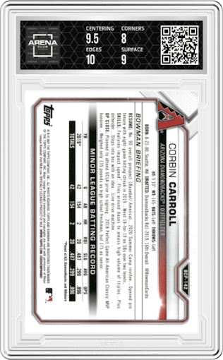 Corbin Carroll from the 2021 Bowman Mega Box set graded by Arena Club and given an overall grade of 8.5.