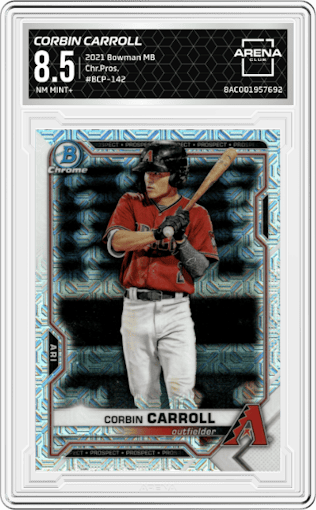 Corbin Carroll from the 2021 Bowman Mega Box set graded by Arena Club and given an overall grade of 8.5.