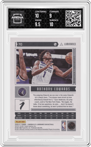 Anthony Edwards from the 2020-21 Panini Chronicles set graded by Arena Club and given an overall grade of 9.5.