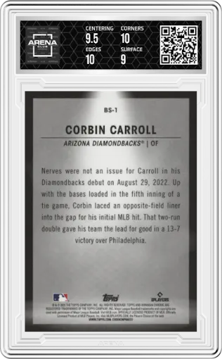 Corbin Carroll from the 2023 Bowman  set graded by Arena Club and given an overall grade of 9.5.