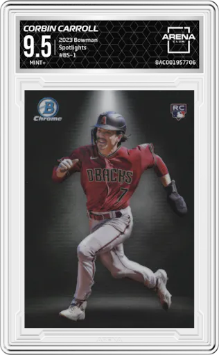 Corbin Carroll from the 2023 Bowman  set graded by Arena Club and given an overall grade of 9.5.
