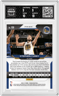 Stephen Curry from the 2020-21 Panini Prizm set featuring a Silver Prizm parallel graded by Arena Club and given an overall grade of 9.5.