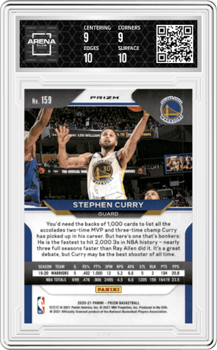 Stephen Curry from the 2020-21 Panini Prizm set featuring a Silver Prizm parallel graded by Arena Club and given an overall grade of 9.5.