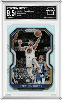 Stephen Curry from the 2020-21 Panini Prizm set featuring a Silver Prizm parallel graded by Arena Club and given an overall grade of 9.5.