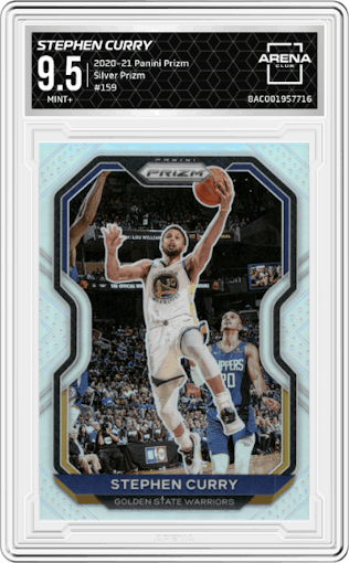 Stephen Curry from the 2020-21 Panini Prizm set featuring a Silver Prizm parallel graded by Arena Club and given an overall grade of 9.5.