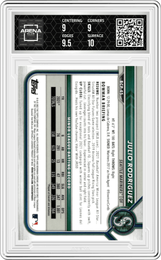 Julio Rodriguez from the 2022 Bowman Mega Box set graded by Arena Club and given an overall grade of 9.5.