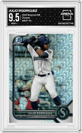 Julio Rodriguez from the 2022 Bowman Mega Box set graded by Arena Club and given an overall grade of 9.5.