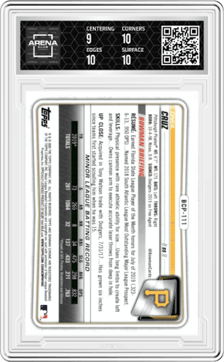 Oneil Cruz from the 2020 Bowman Sapphire Edition set graded by Arena Club and given an overall grade of 9.5.