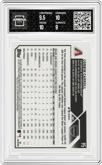 Corbin Carroll from the 2023 Topps Chrome set graded by Arena Club and given an overall grade of 9.5.