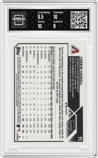Corbin Carroll from the 2023 Topps Chrome set graded by Arena Club and given an overall grade of 9.5.