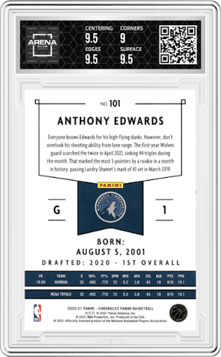 Anthony Edwards from the 2020-21 Panini Chronicles set graded by Arena Club and given an overall grade of 9.5.